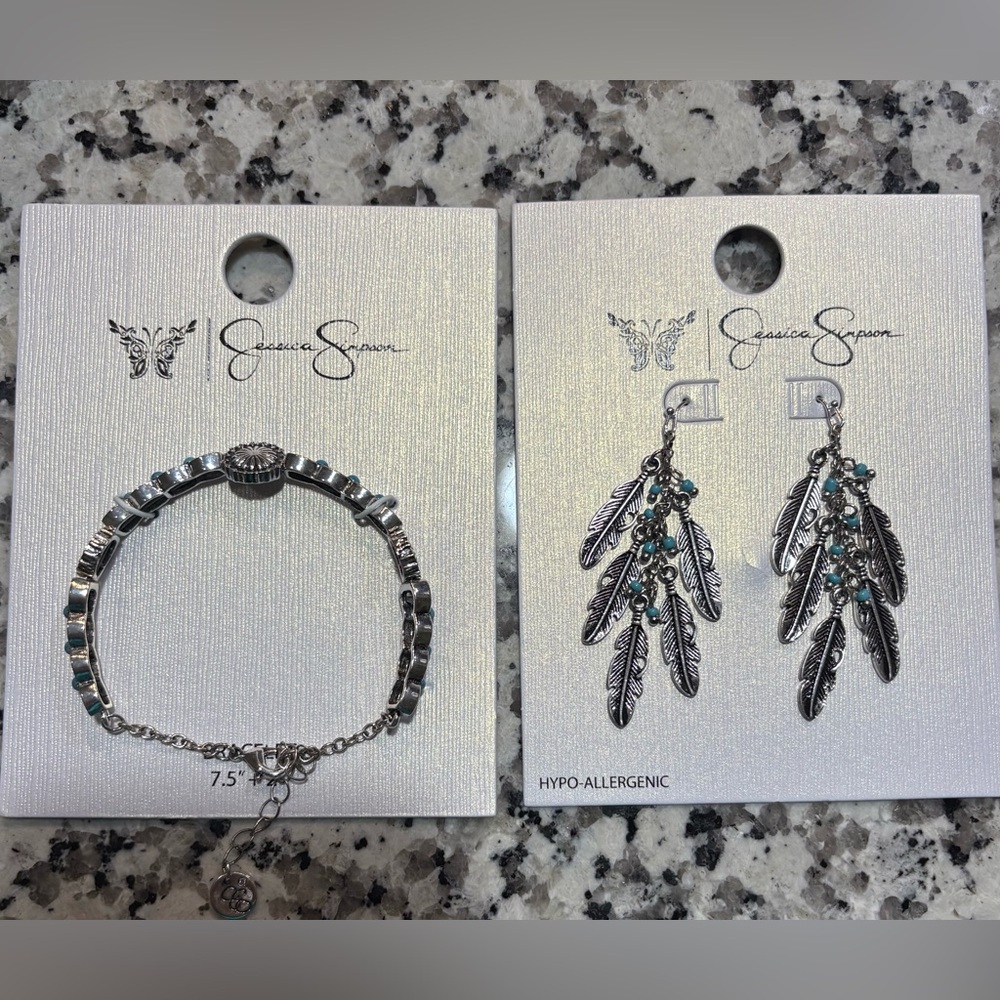 Jessica Simpson Women’s Feather Faux Turquoise Dangle Earrings & Stone Bracelet